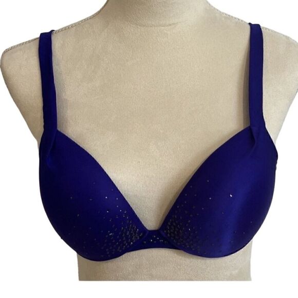 VICTORIAS SECRET- Plunge Satin Midnight Blue W/ Rhinestones Padded Bra, Size 34D - Picture 3 of 12